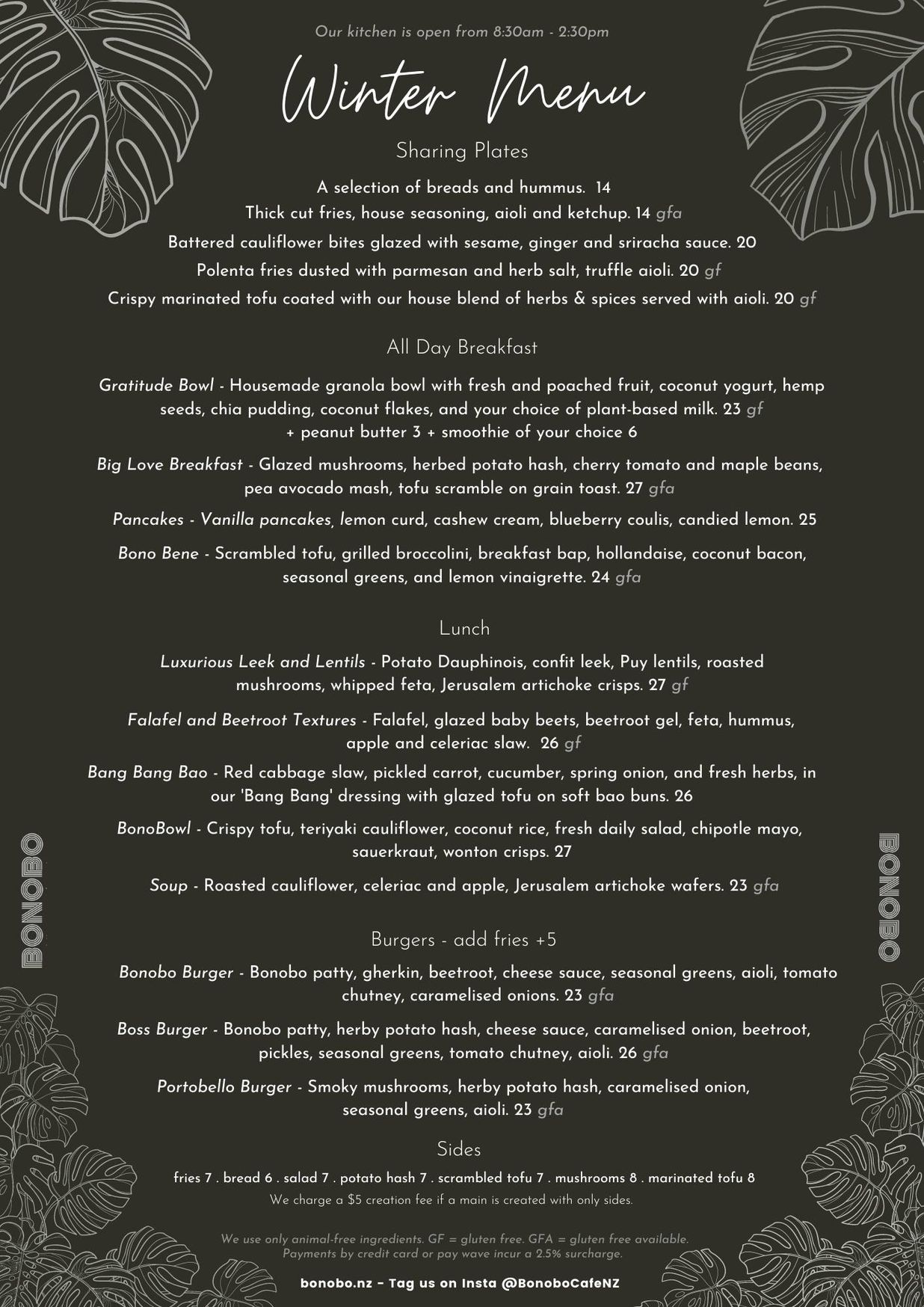 Table Signag Bonobo Cafe menu and prices | First Table