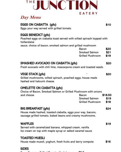 The Junction Eatery menu