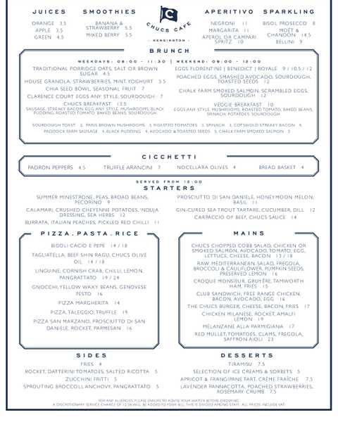 Chucs Cafe Kensington menu