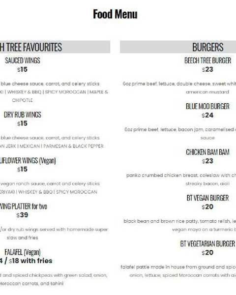Beech Tree menu
