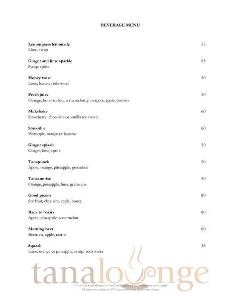 Tanalounge at Tanadewa Villas & Spa menu