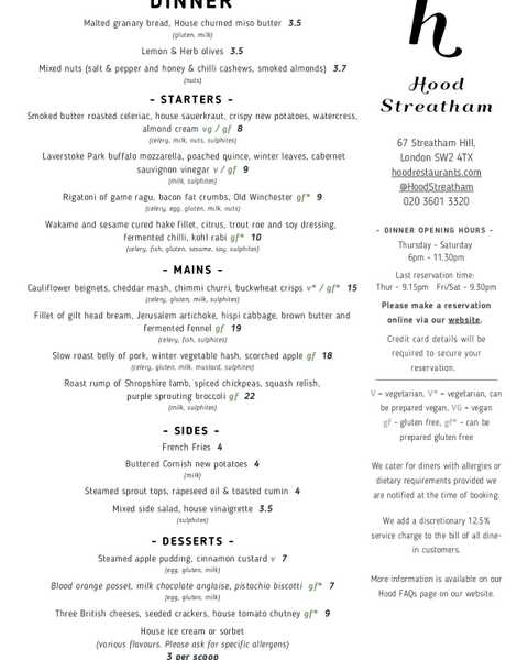 Hood Streatham menu