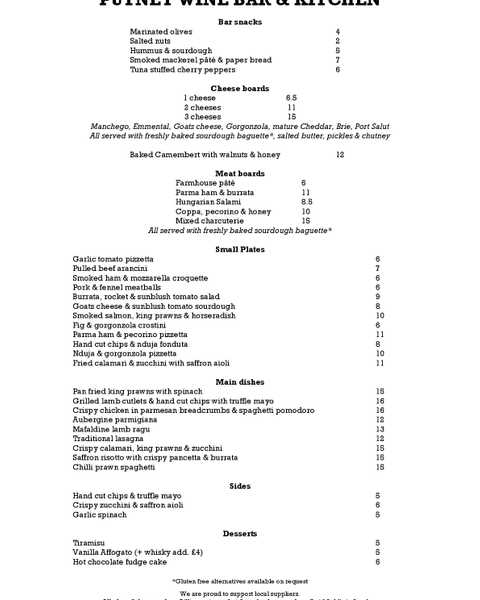 Putney Wine Bar menu