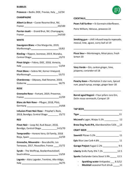 Jervois Rd Wine Bar & Kitchen menu