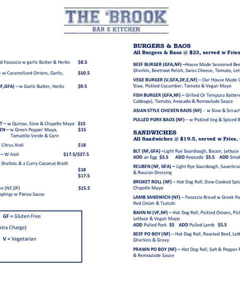 The Brook Bar & Kitchen menu