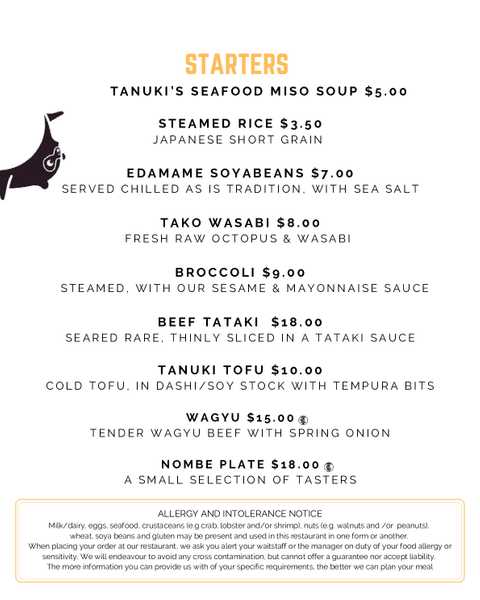Tanuki Sushi & Sake Bar menu