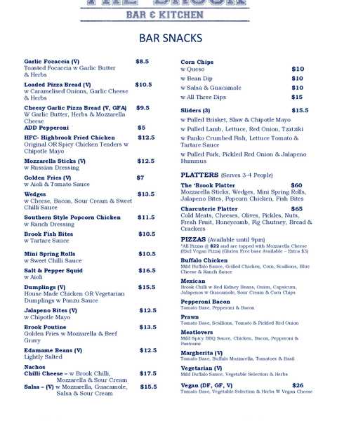 The Brook Bar & Kitchen menu